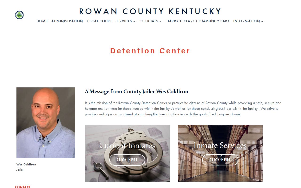 Rowan County Detention Center page showing Current Inmates and contact details